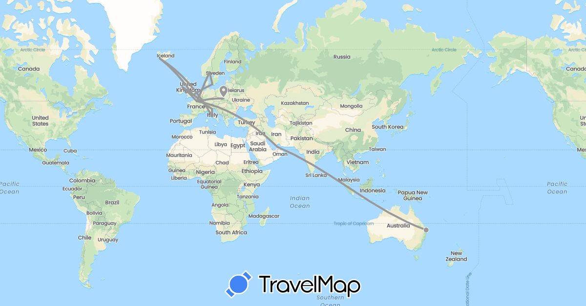 TravelMap itinerary: driving, plane in United Arab Emirates, Australia, Switzerland, Denmark, France, United Kingdom, Iceland, Italy, Netherlands, Norway, Poland (Asia, Europe, Oceania)